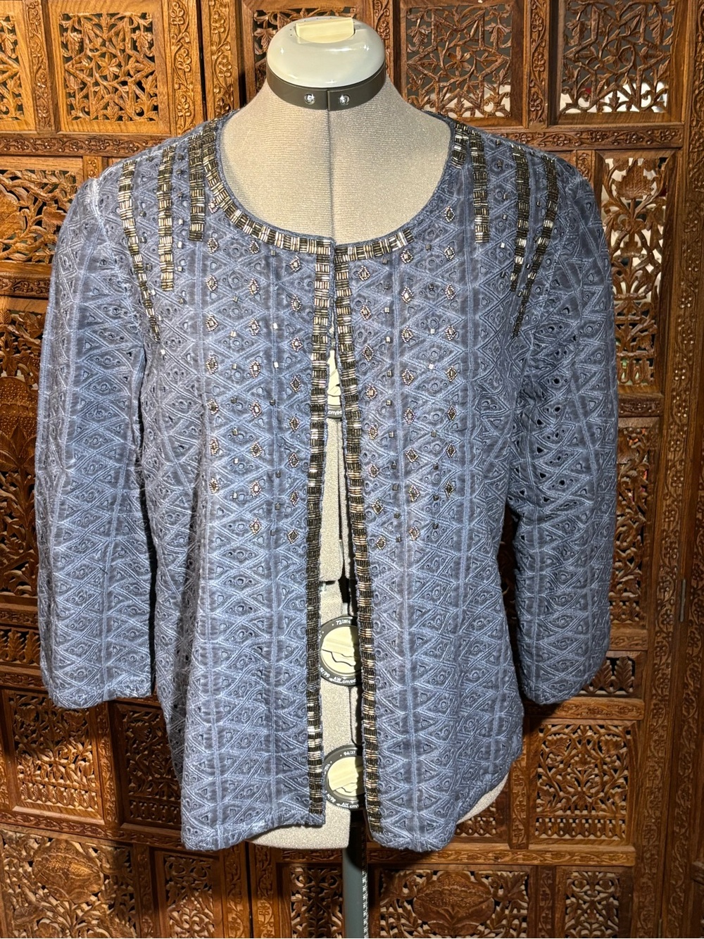 Chico's Blue  Open-Front Jacket with Beaded Trim